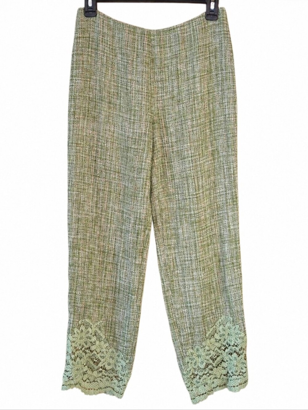 MAG by Magaschoni Green 100% Silk Lace Hem Crop Pants Size 4